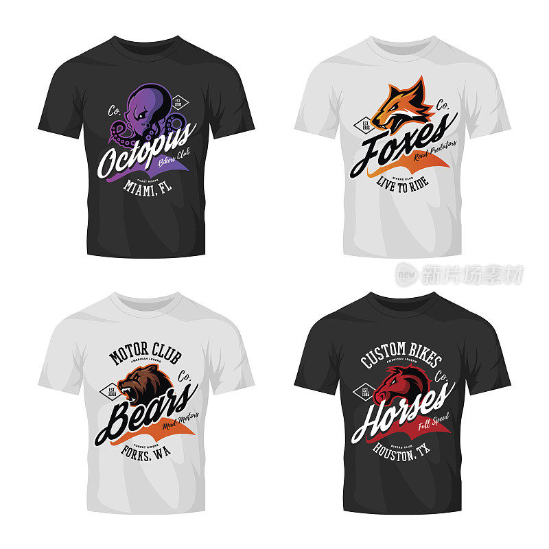 Vintage furious octopus, bear, fox和horse bikers俱乐部t恤打印矢量设计t恤模型。